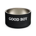 Black dog bowl with 'GOOD BOY' text on a white background