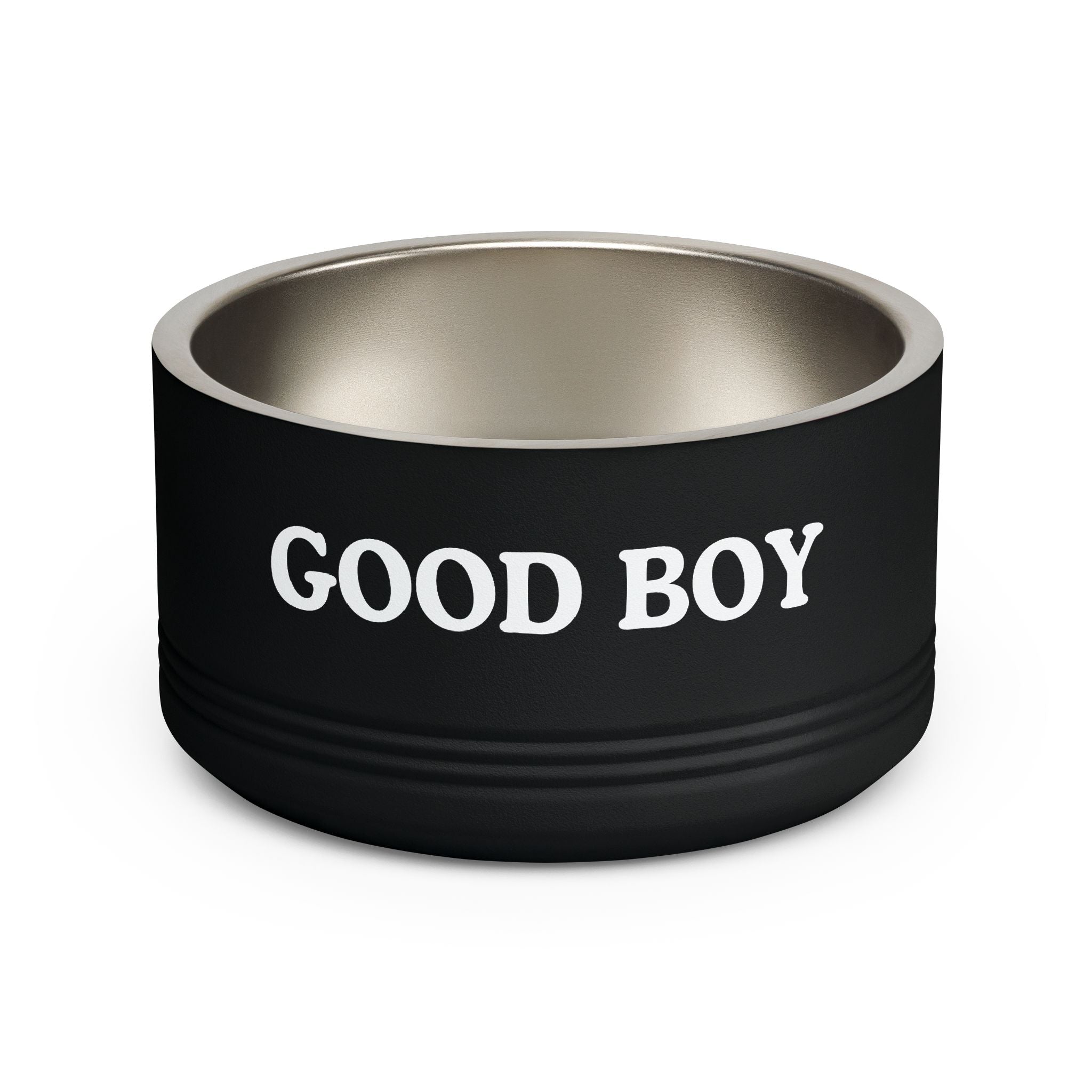 Black dog bowl with 'GOOD BOY' text on a white background