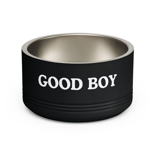 Black dog bowl with 'GOOD BOY' text on a white background