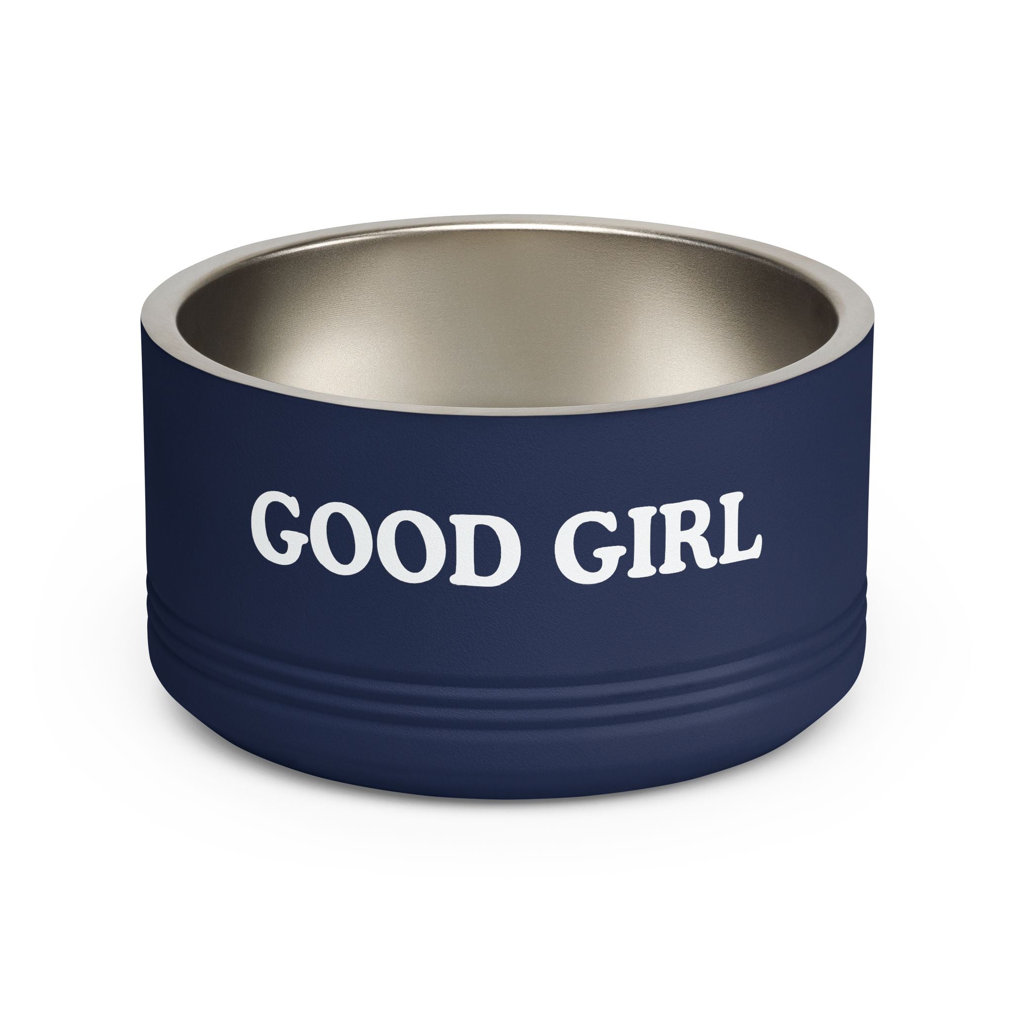 Navy blue dog bowl with 'GOOD GIRL' text on a white background