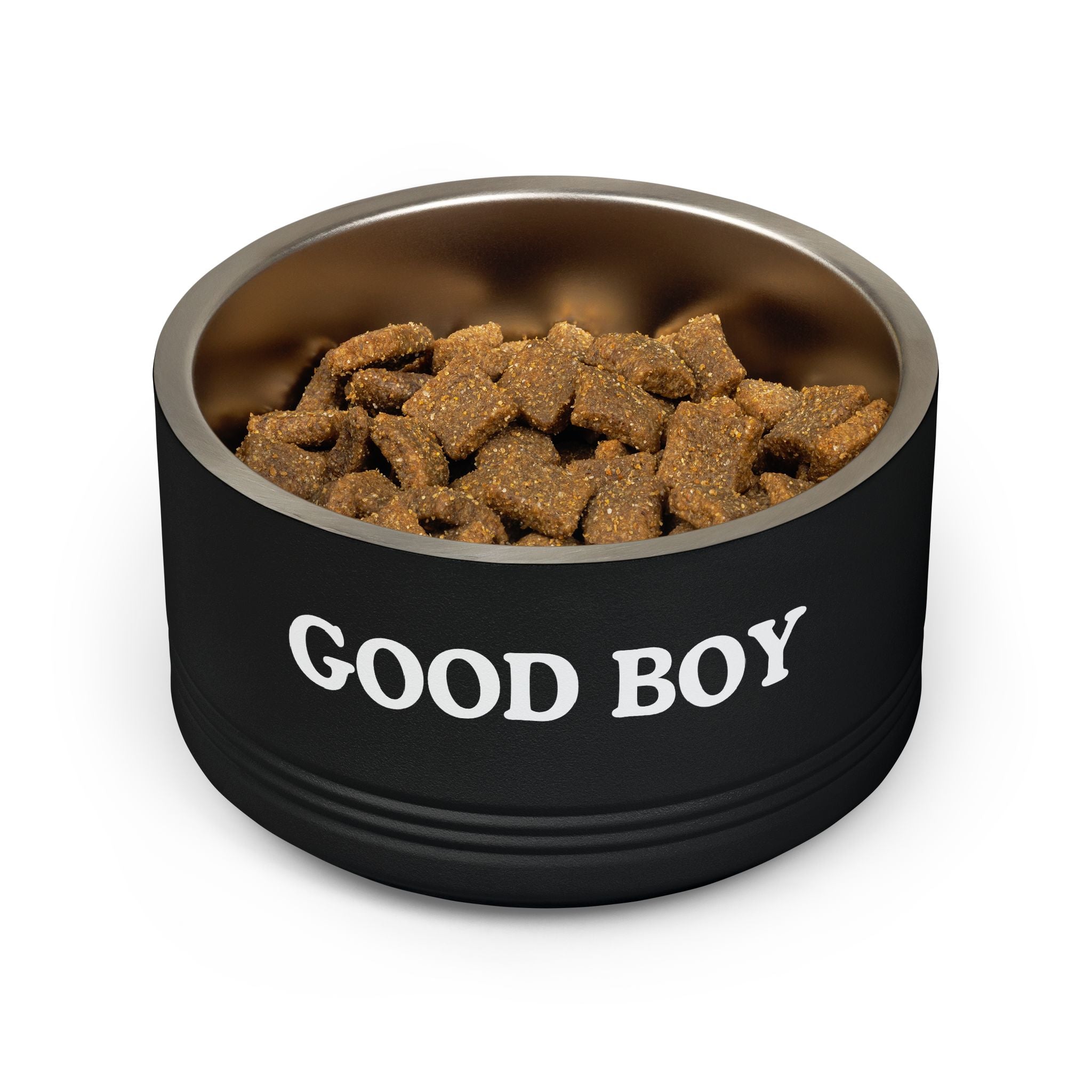 Black dog bowl with 'GOOD BOY' text and pet food inside on a white background