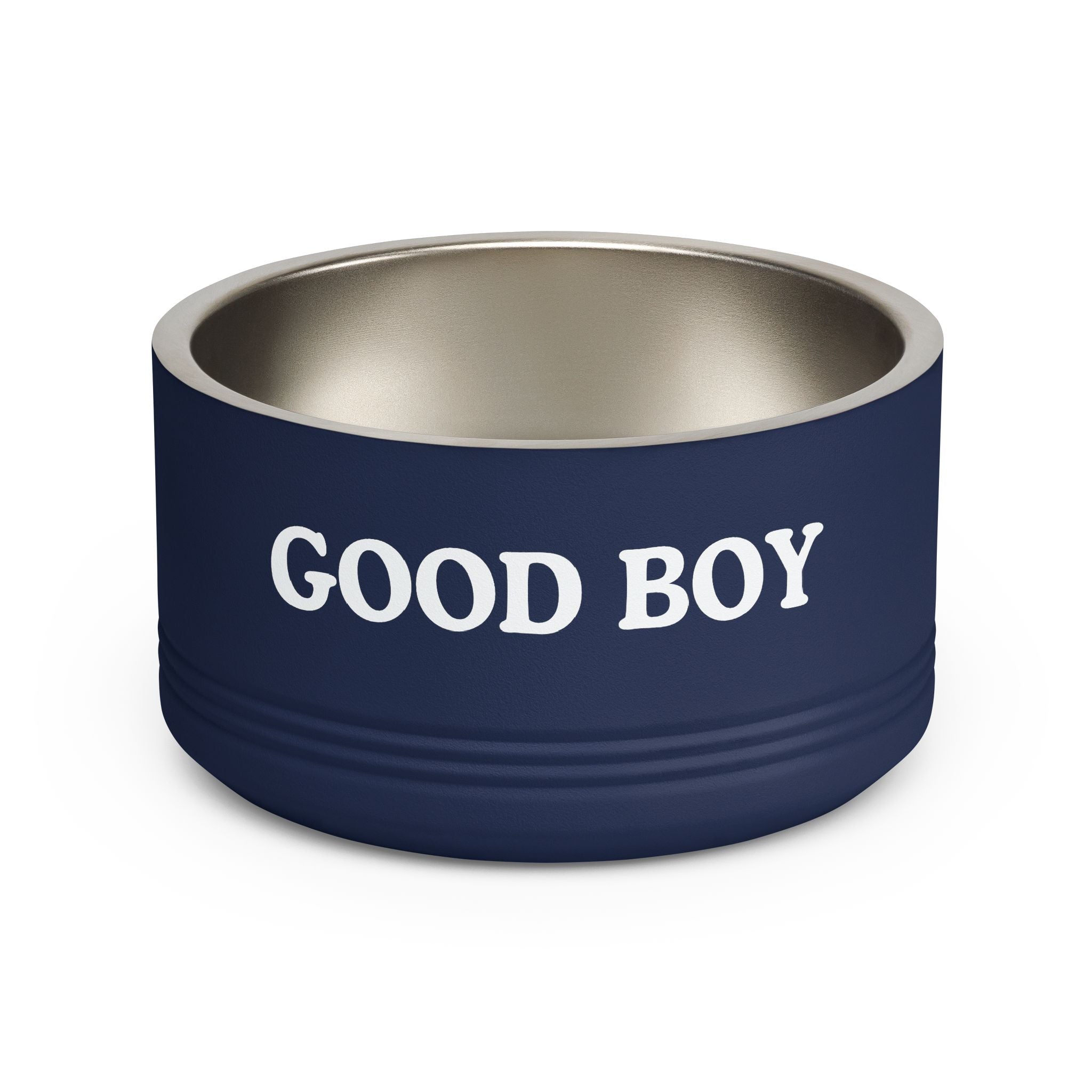 Navy blue dog bowl with 'GOOD BOY' text on a white background