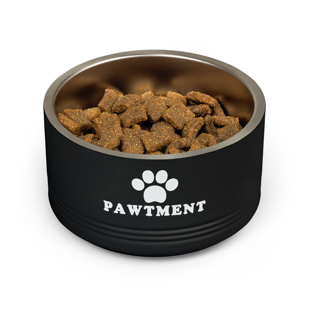 Black pet bowl with 'PAWTMENT' branding filled with dog food on a white background