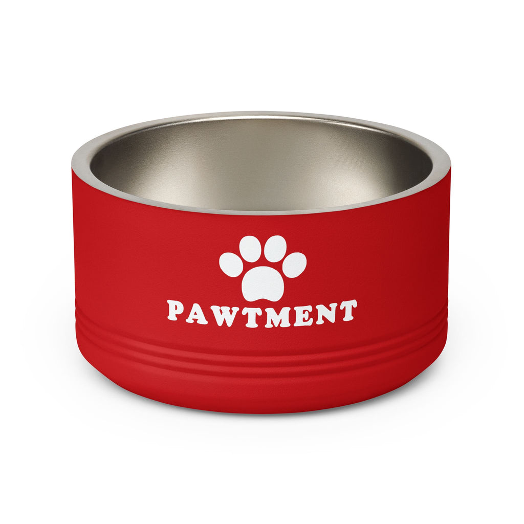 Red pet bowl with 'PAWMENT' and a paw print on a white background