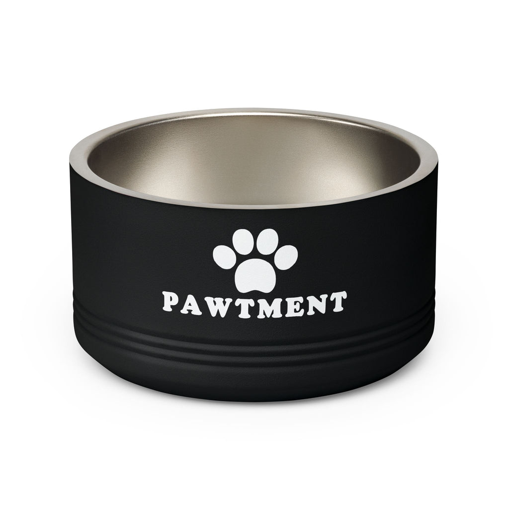 Black pet bowl with 'PAWTMENT' and a paw print design on a white background