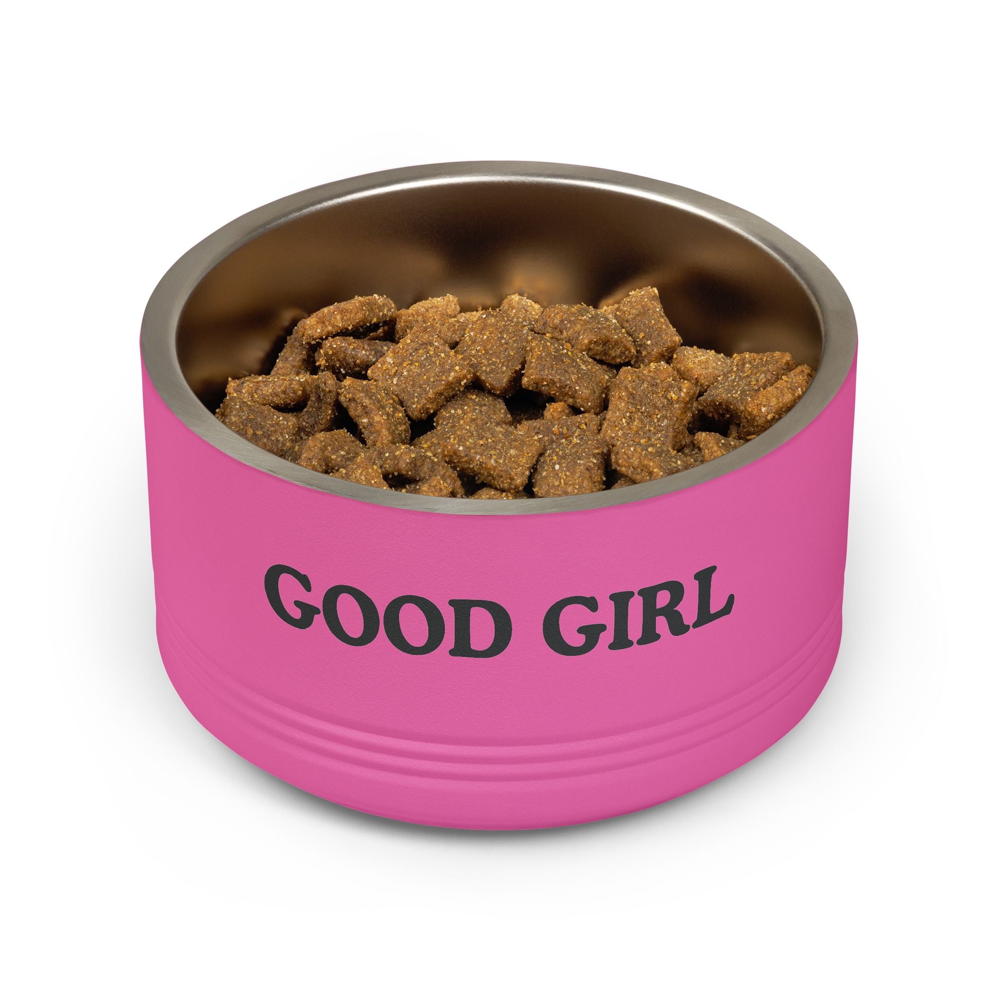 Pink dog bowl with 'GOOD GIRL' text and pet food inside on a white background