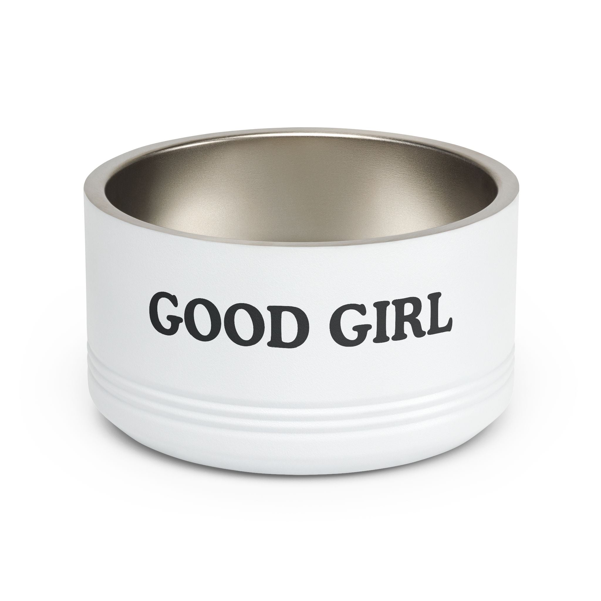 White pet bowl with 'GOOD GIRL' text on a white background