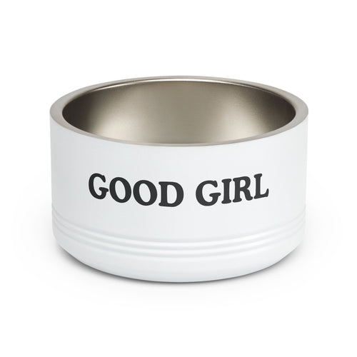 White pet bowl with 'GOOD GIRL' text on a white background