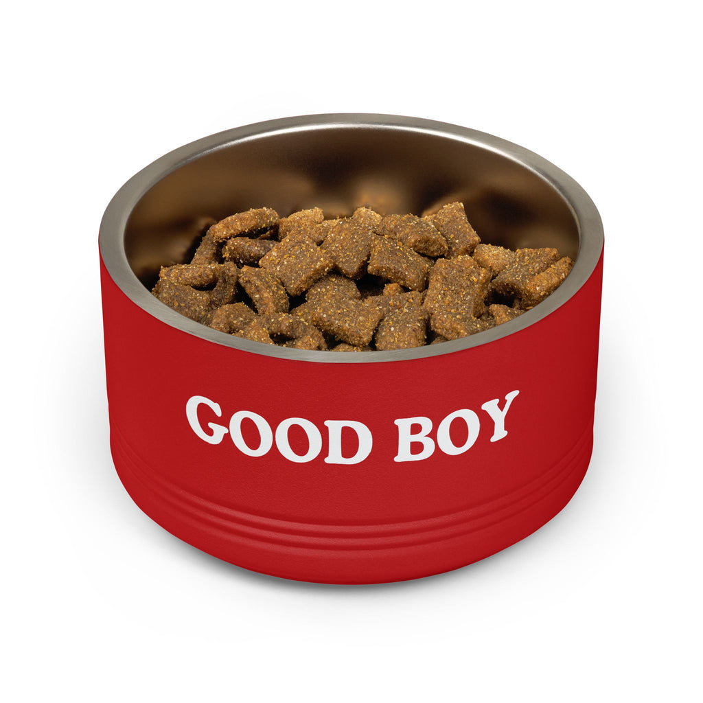 Red dog bowl with 'GOOD BOY' text and pet food inside on a white background