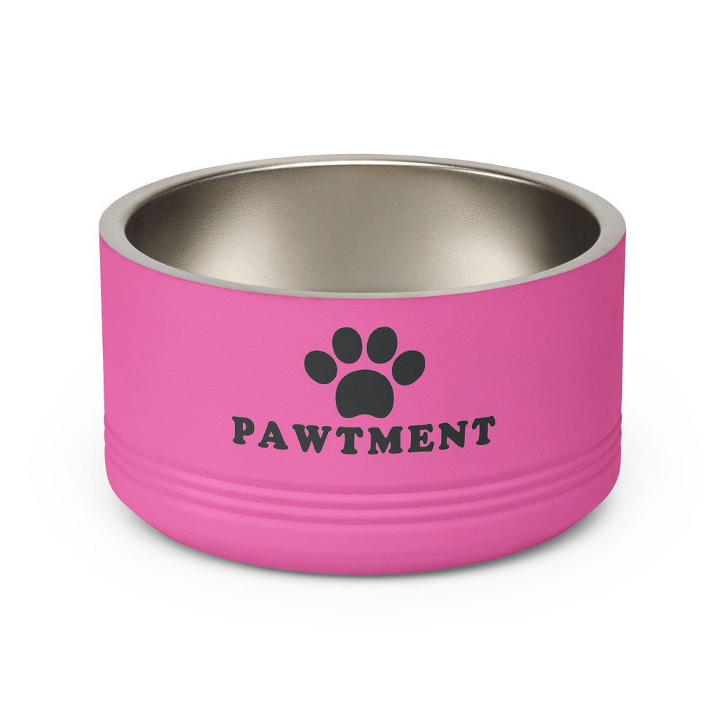 Pink pet bowl with 'PAWTMENT' branding on a white background