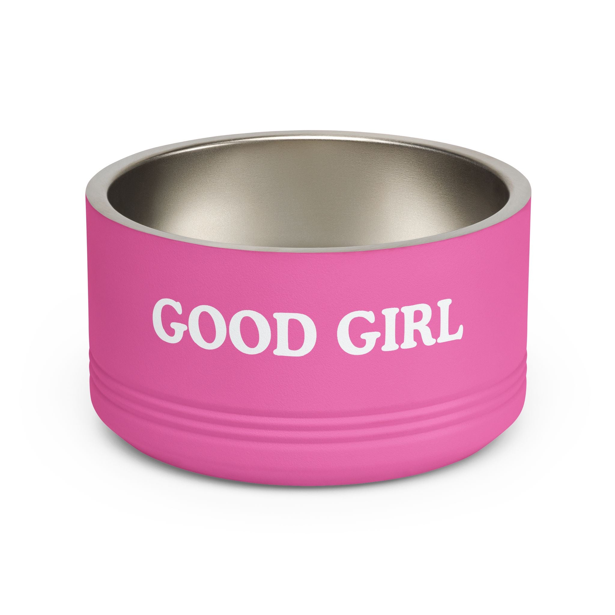 Pink dog bowl with 'GOOD GIRL' text on a white background