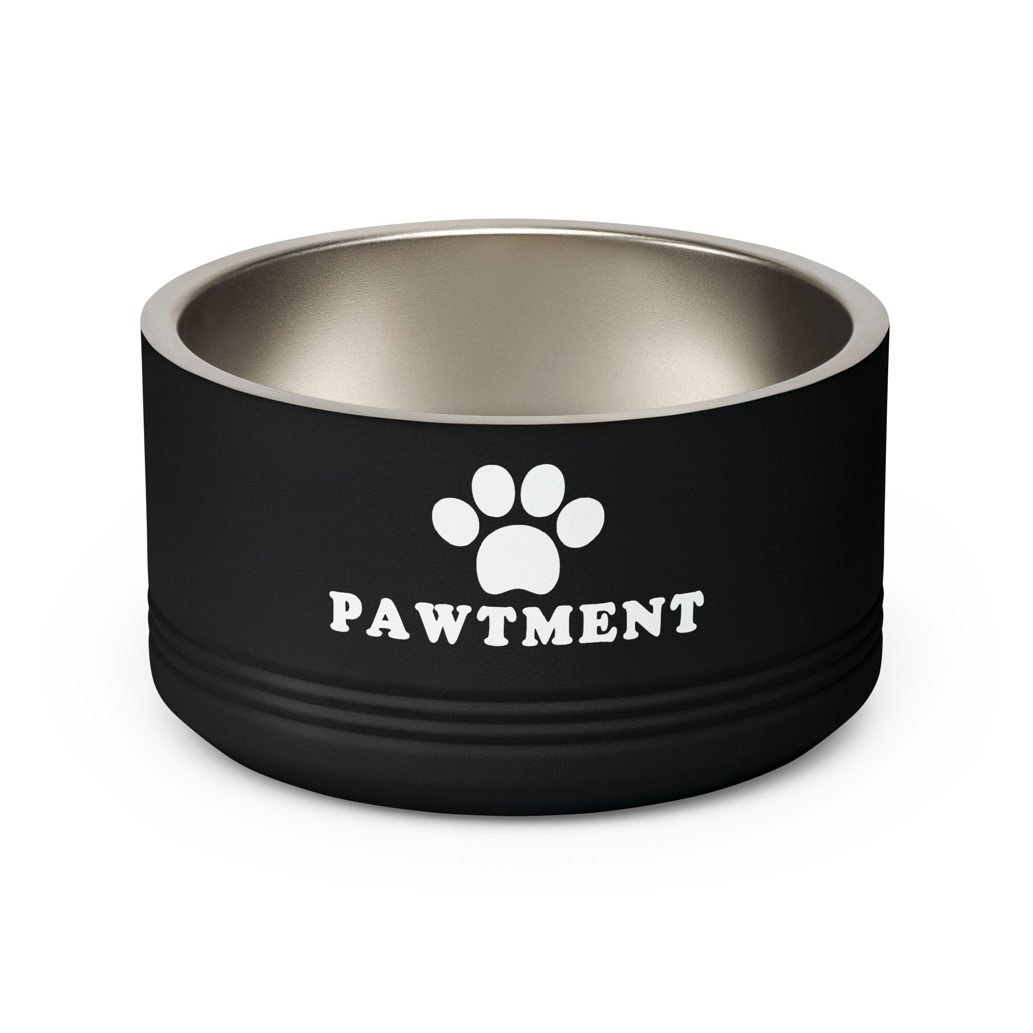 Black pet bowl with 'PAWTMENT' and a paw print design on a white background