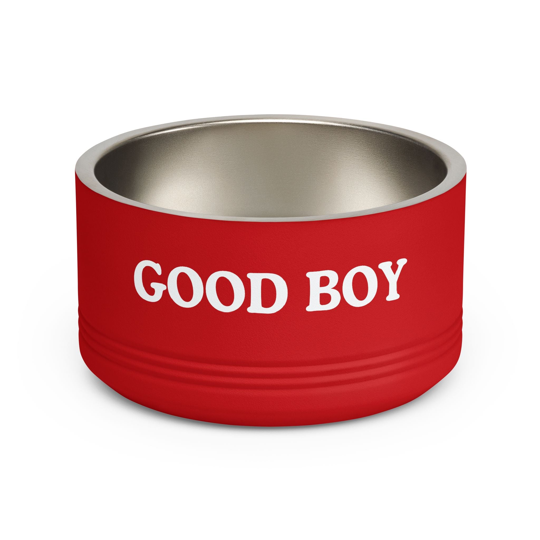 Red dog bowl with 'GOOD BOY' text on a white background