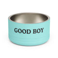 Turquoise pet bowl with 'GOOD BOY' text on a white background