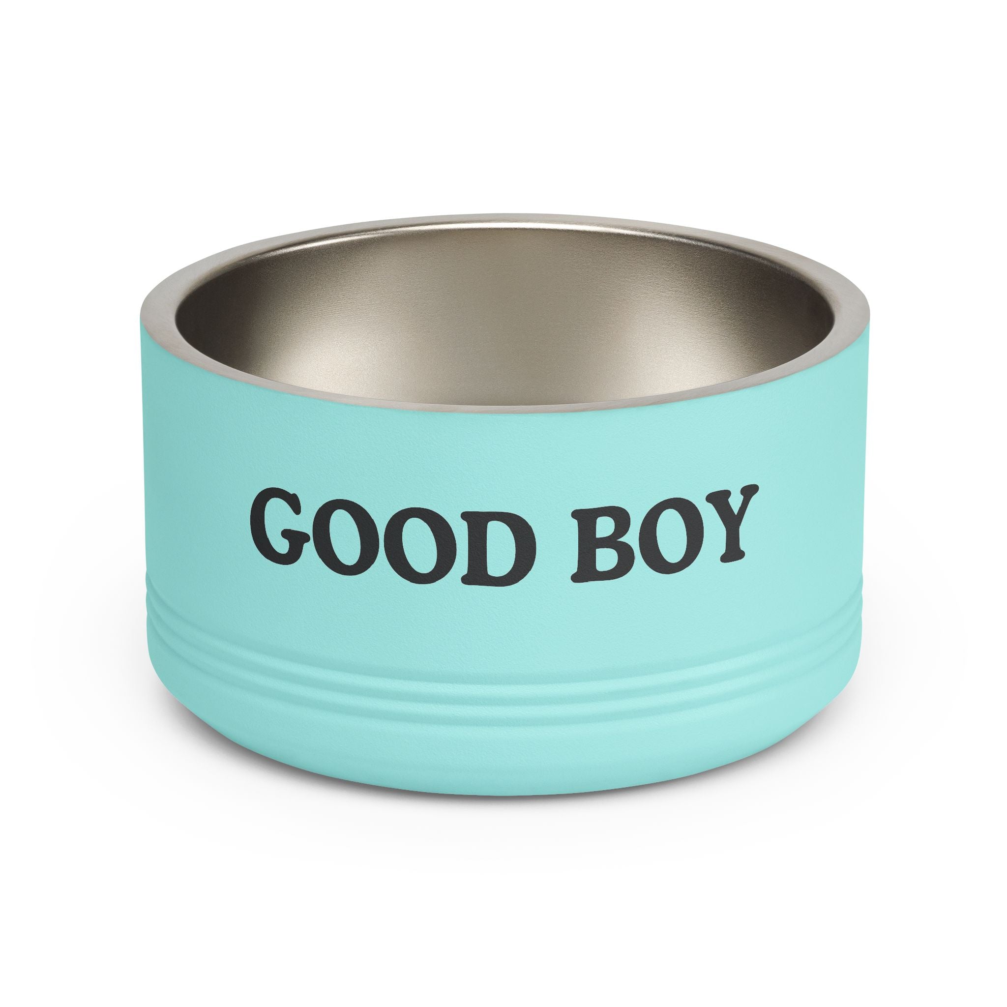 Turquoise pet bowl with 'GOOD BOY' text on a white background
