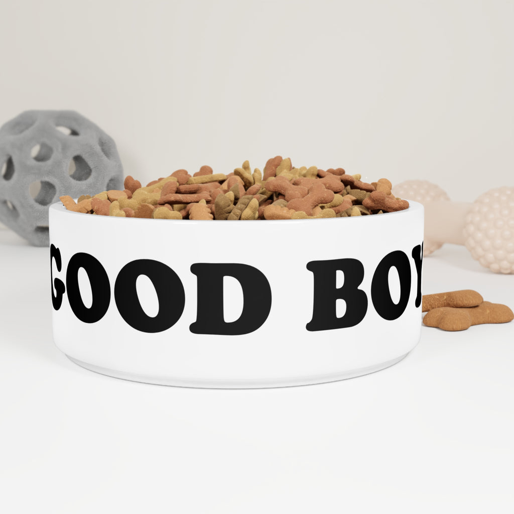 Dog bowl with 'GOOD BOY' text and dog food on a white background