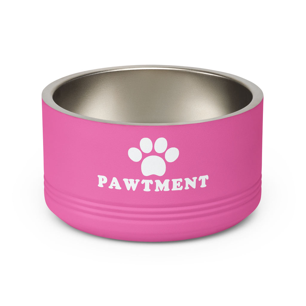 Pink pet bowl with 'PAWTMENT' text and paw print on a white background