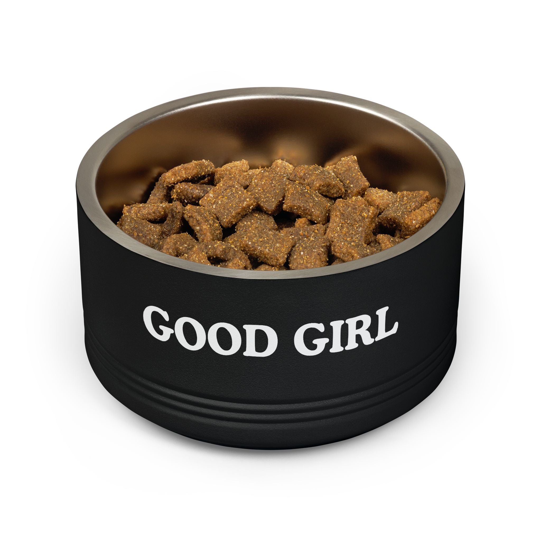 Black dog bowl with 'GOOD GIRL' text and dog food on a white background