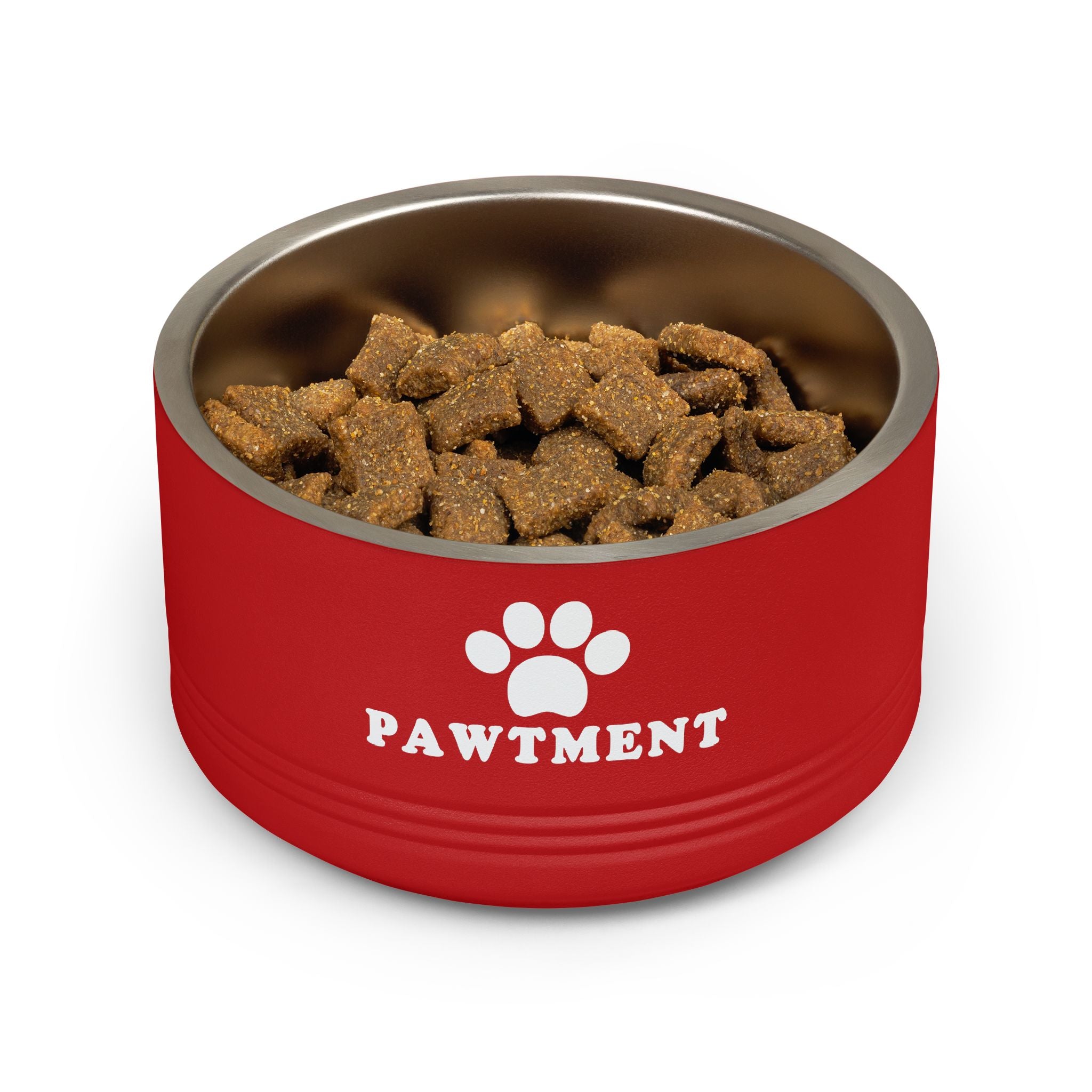 Red pet bowl with 'Pawtment' branding filled with dog food on a white background