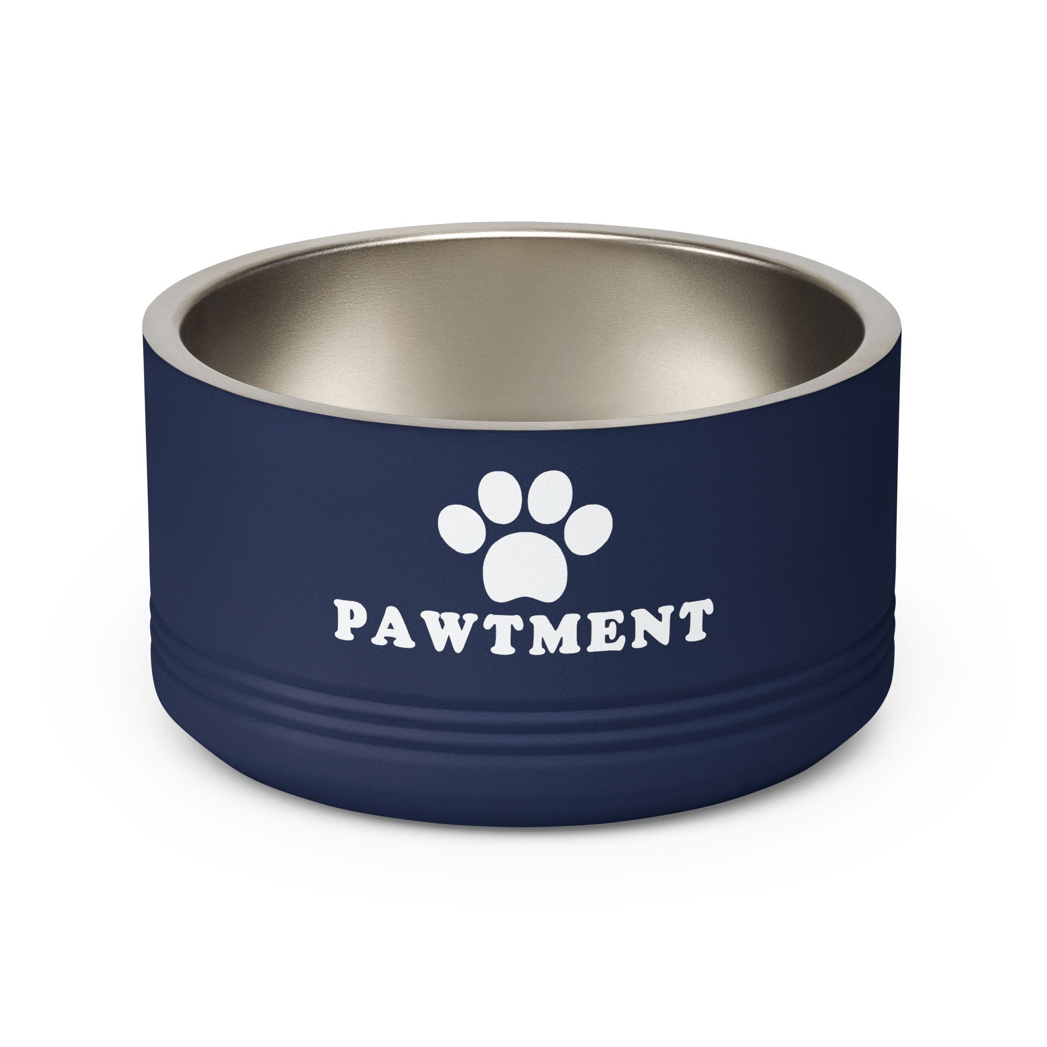 Navy blue pet bowl with 'PAWTMENT' logo on a white background