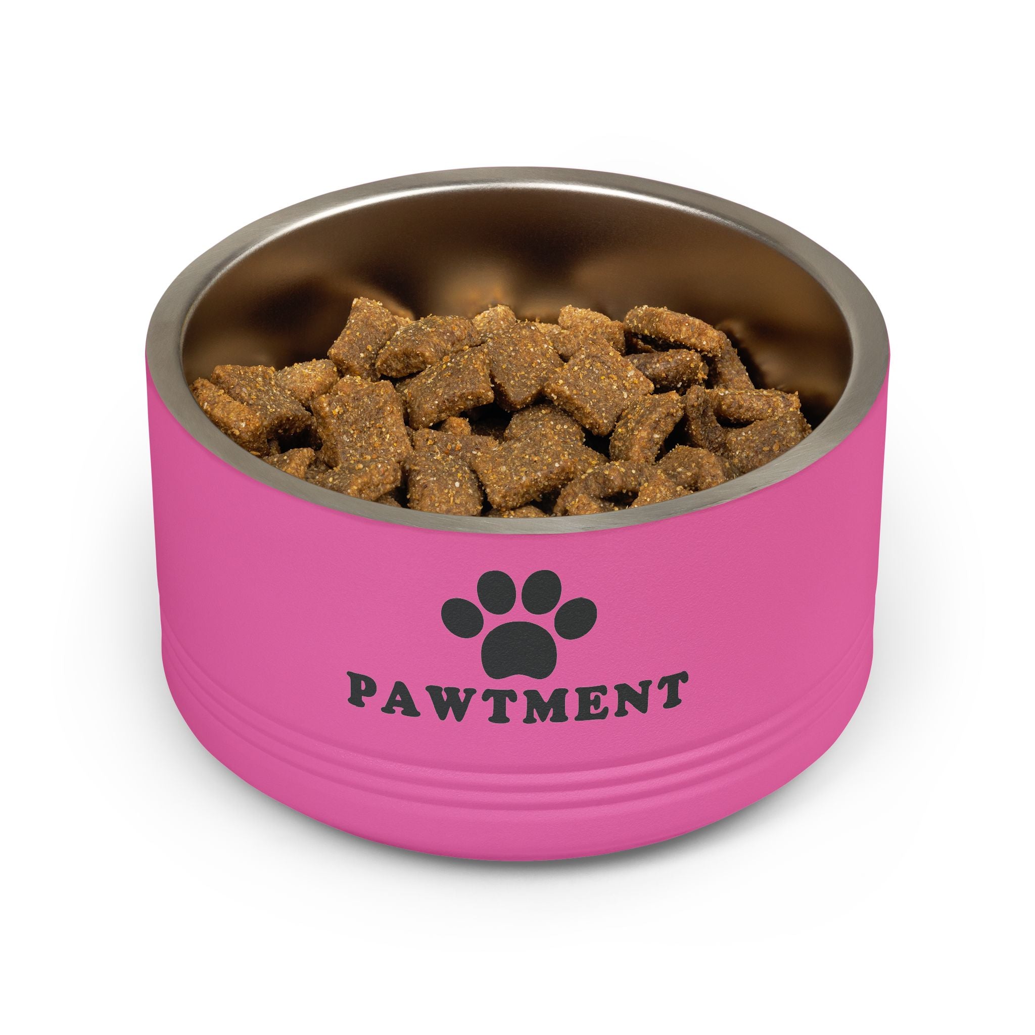 Pink dog bowl with 'PAWTMENT' branding filled with kibble on a white background