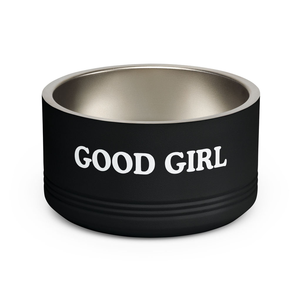 Black dog bowl with 'GOOD GIRL' text on a white background