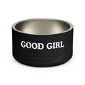 Black dog bowl with 'GOOD GIRL' text on a white background