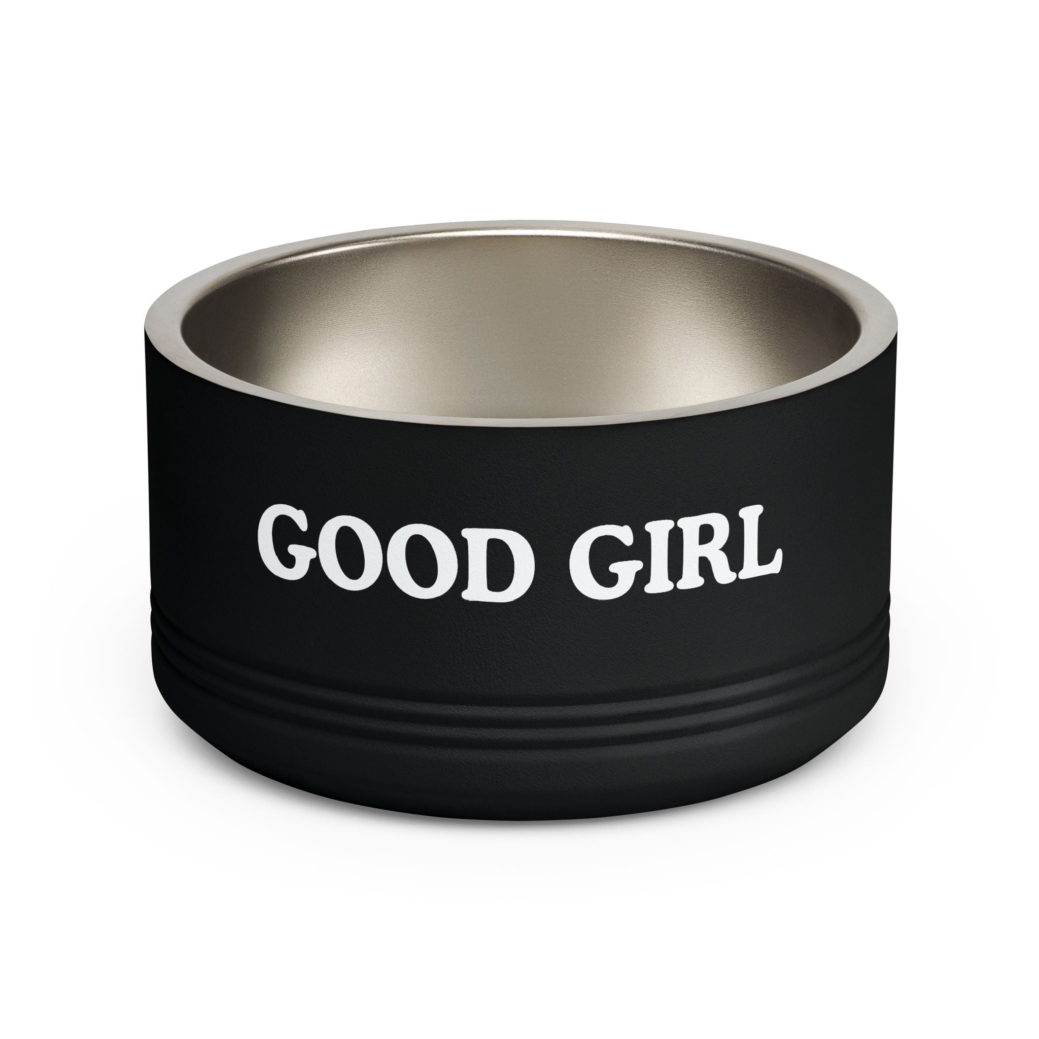 Black dog bowl with 'GOOD GIRL' text on a white background