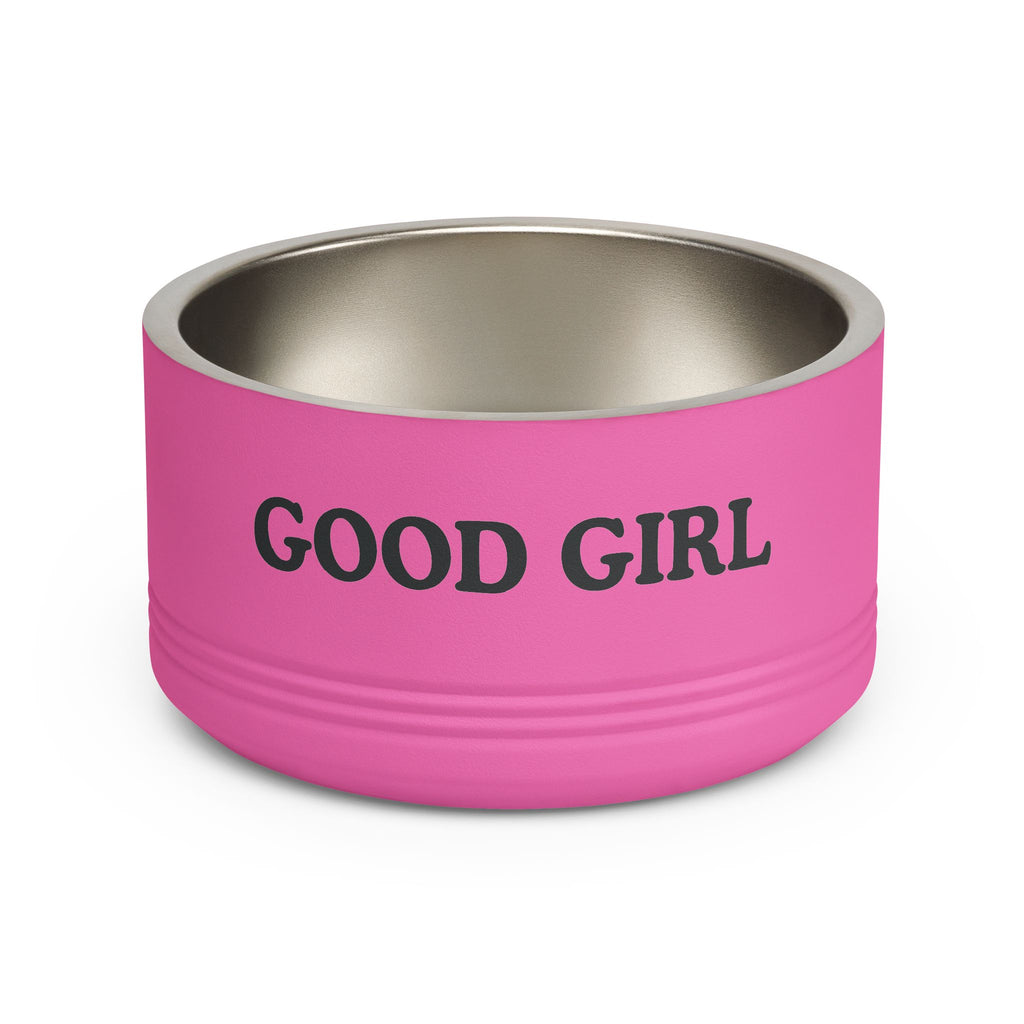 Pink dog bowl with 'GOOD GIRL' text on a white background