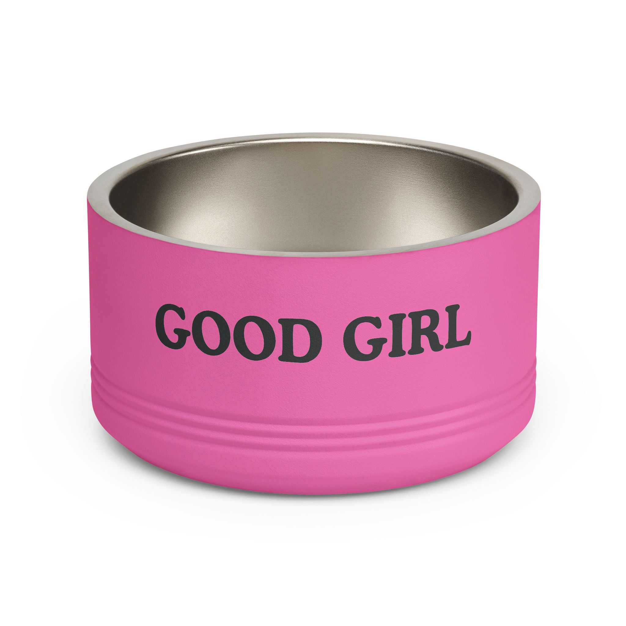 Pink dog bowl with 'GOOD GIRL' text on a white background