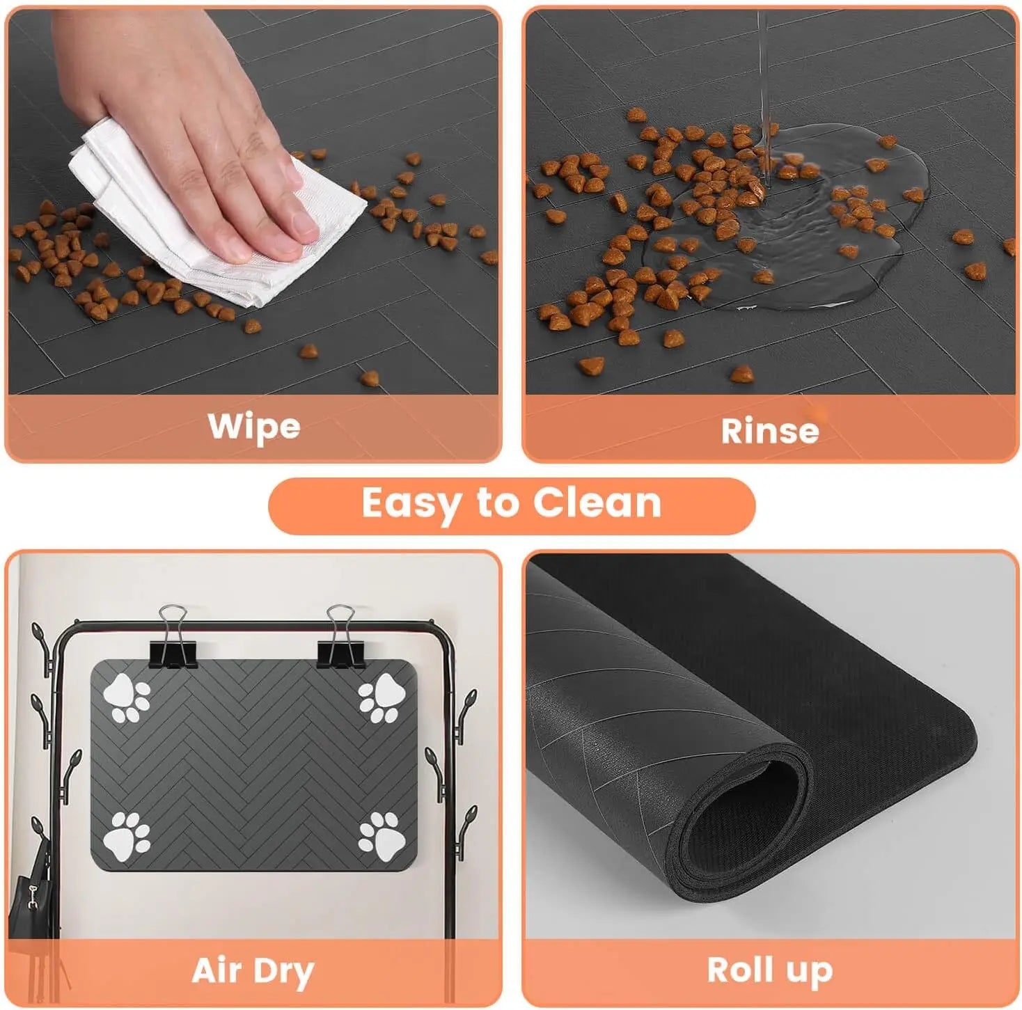 Steps to clean a pet mat with text labels on a gray background