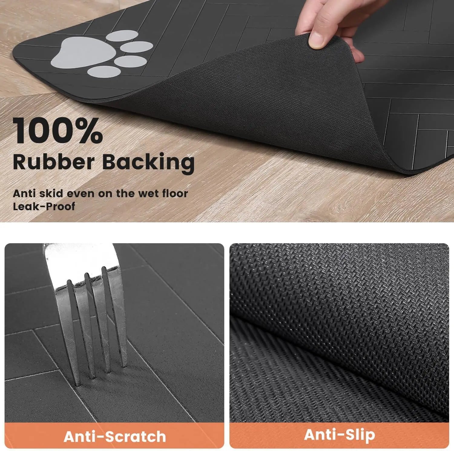 Black mat with paw print design on a wooden floor, featuring text about its properties.